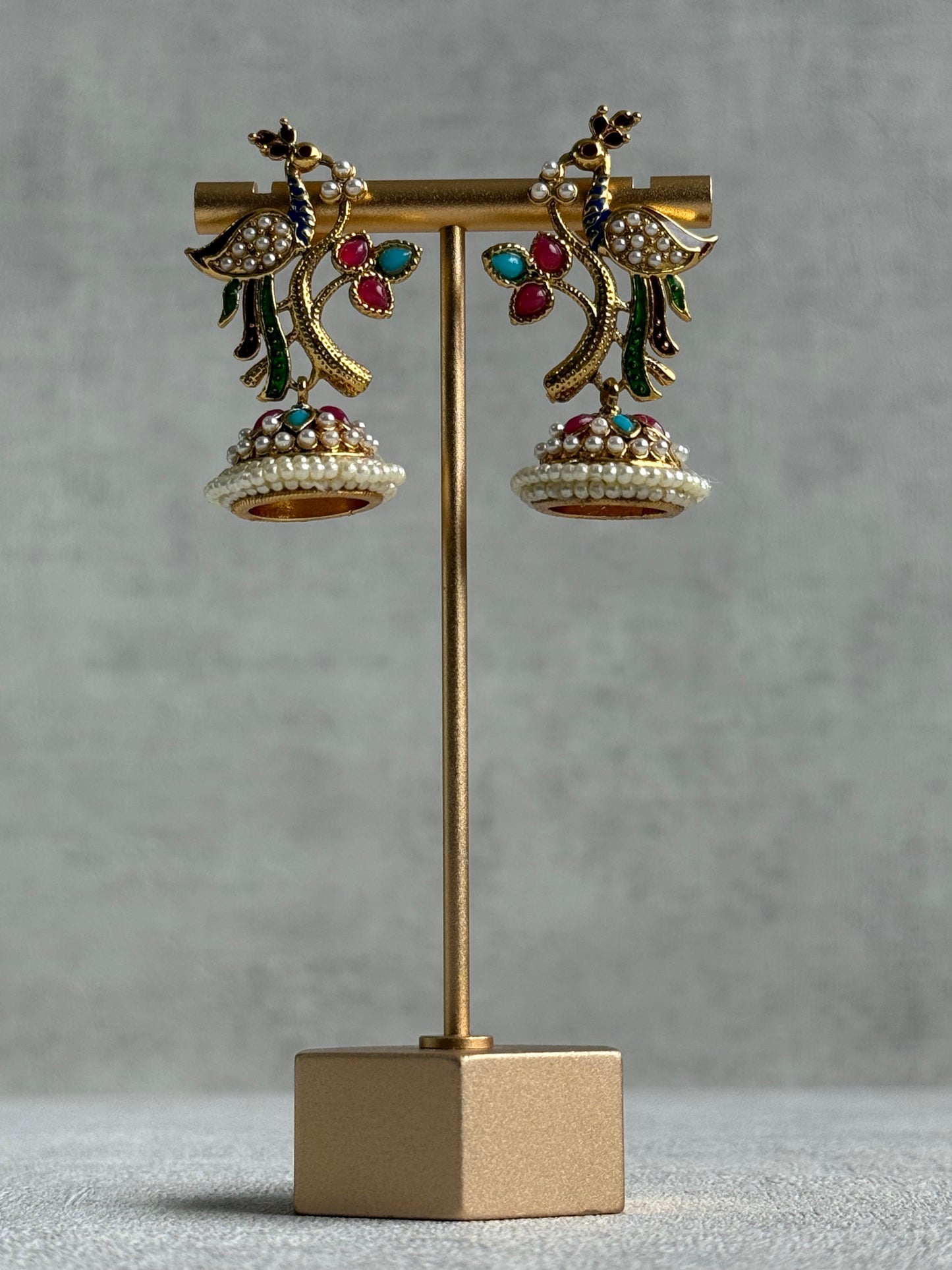 Ayura Designs Mayuri Jhumkis – Gold Peacock Earrings with Multicolour Meenakari & Pearl Detailing