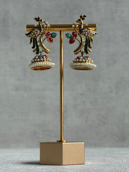 Ayura Designs Mayuri Jhumkis – Gold Peacock Earrings with Multicolour Meenakari & Pearl Detailing