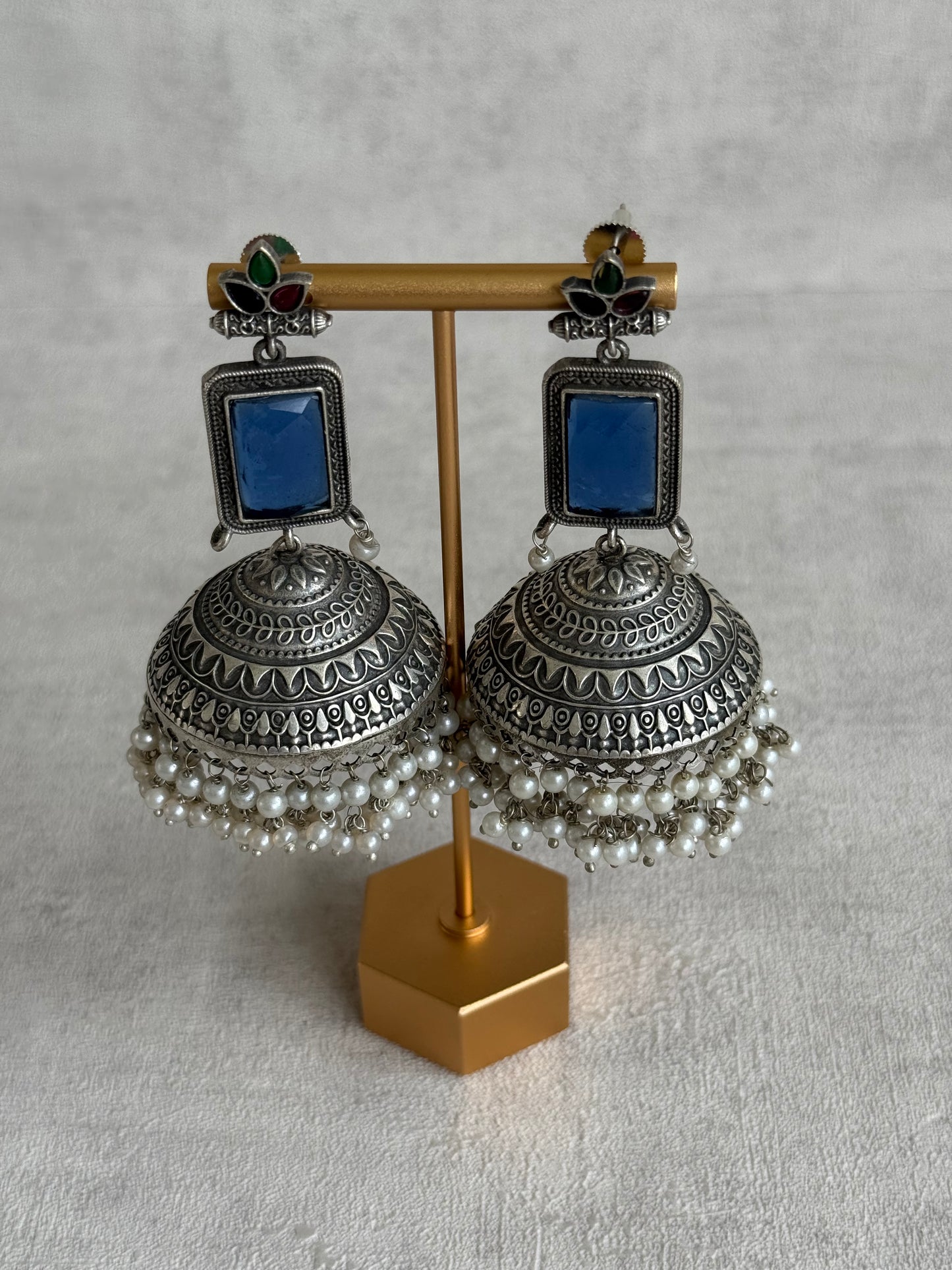 Ayura Designs Zeba Earrings – Oxidised Statement Jhumkis in Ink Blue & Multicolour Stones with Pearl Detailing