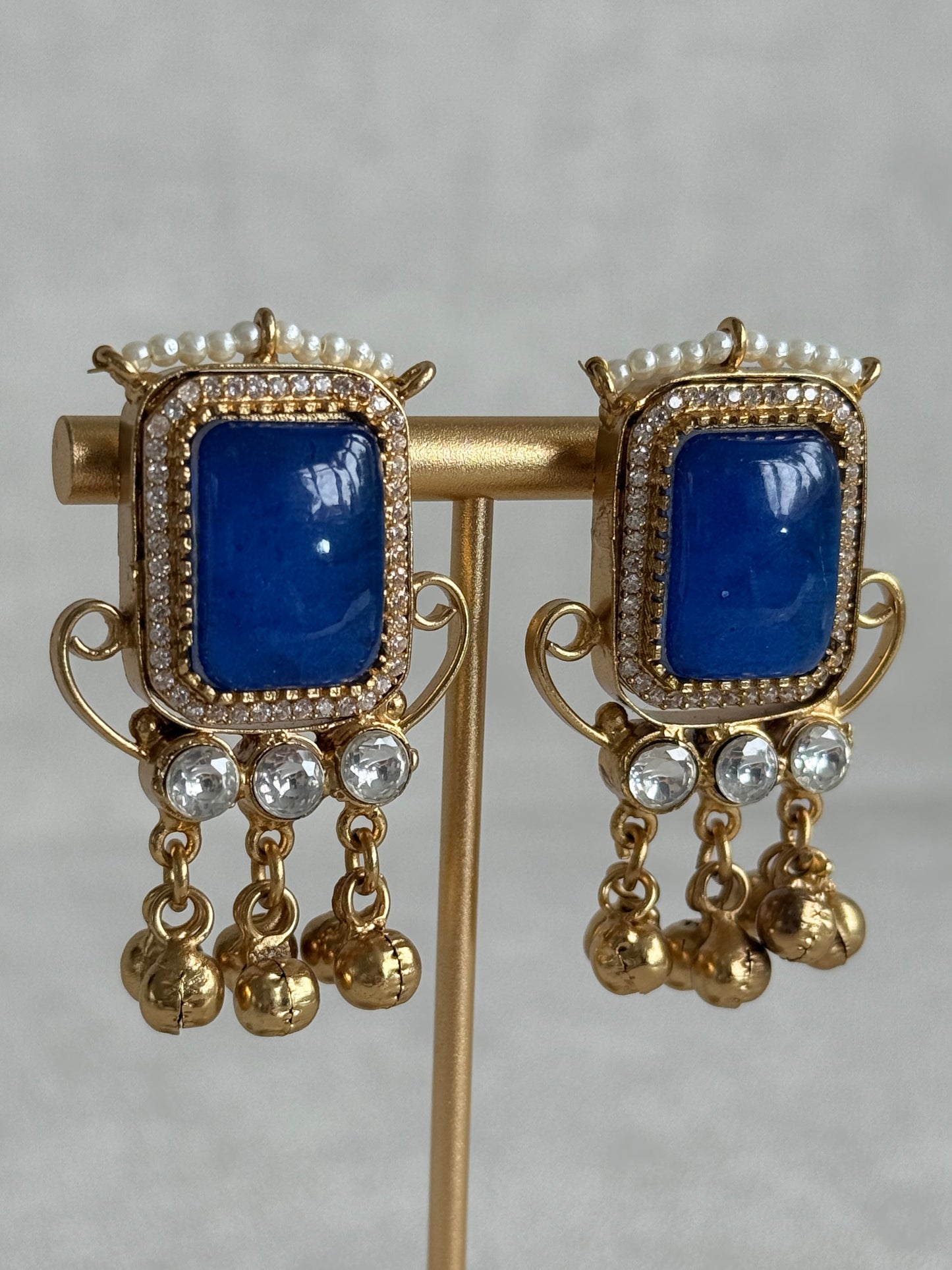 Ayura Designs Aleena Earrings – Sapphire Blue Stone Stud Earrings with Pearls & Ghungroo Detailing