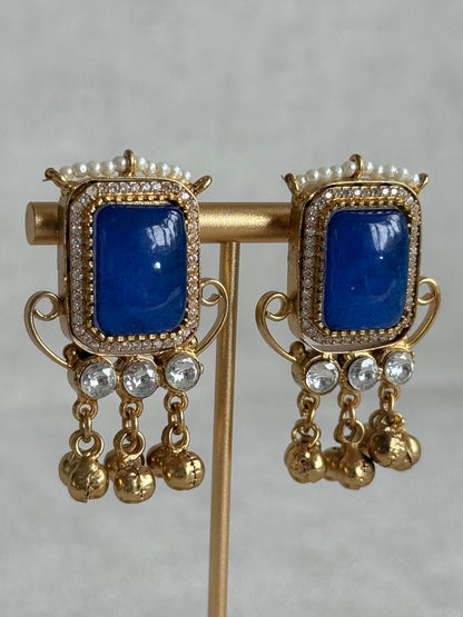 Ayura Designs Aleena Earrings – Sapphire Blue Stone Stud Earrings with Pearls & Ghungroo Detailing