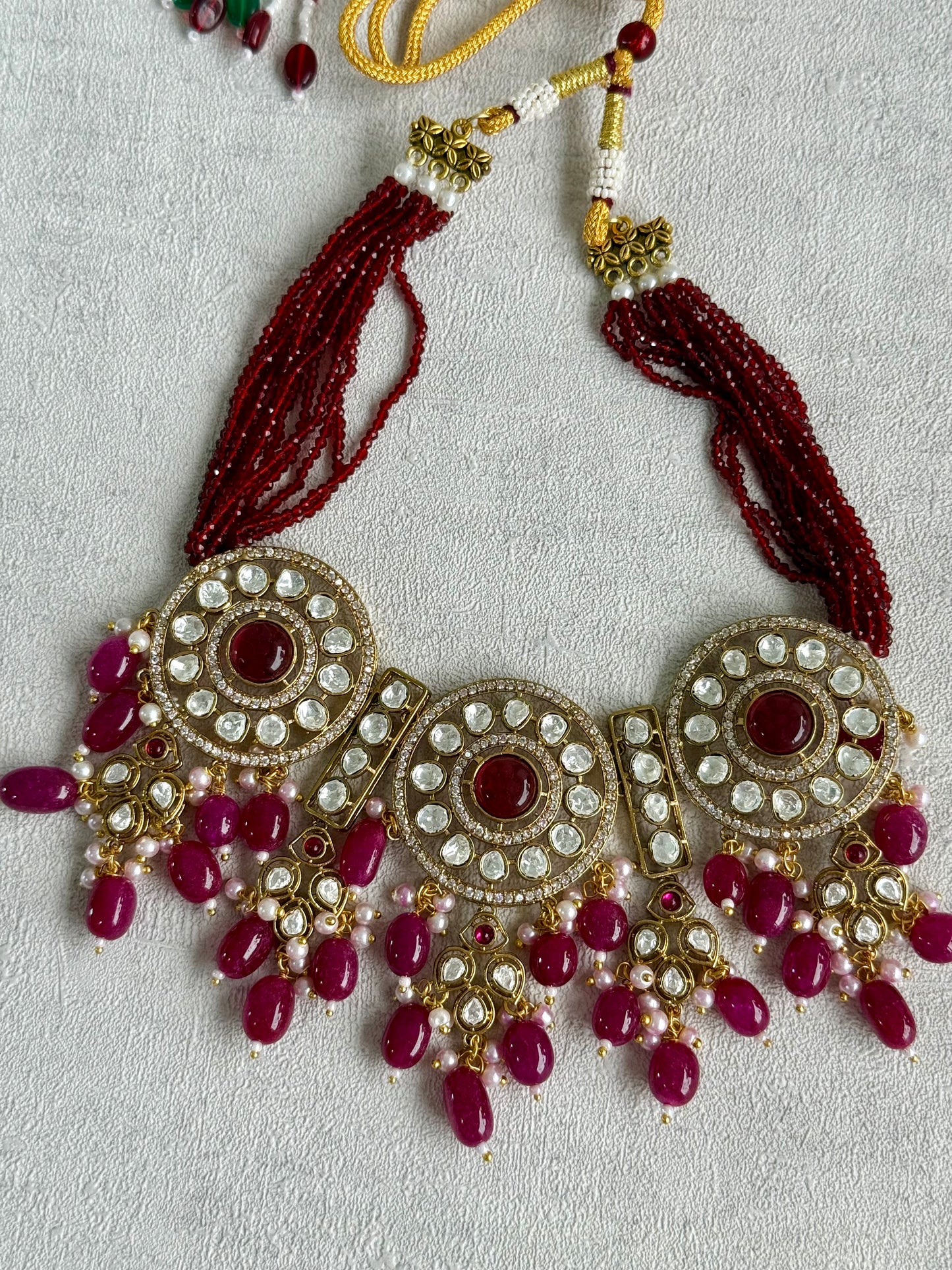 Ayura Designs Harper Set – Antique Gold Choker & Earrings with Deep Berry Pink Beads, Kundan Stones & Pearl Detailing