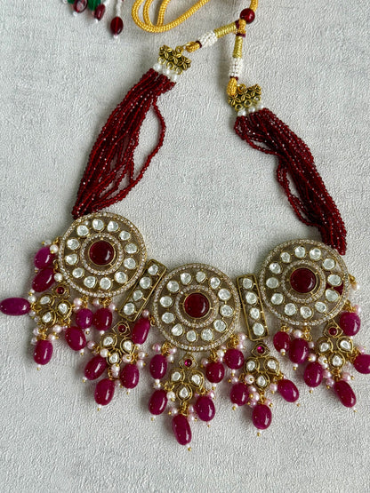 Ayura Designs Harper Set – Antique Gold Choker & Earrings with Deep Berry Pink Beads, Kundan Stones & Pearl Detailing