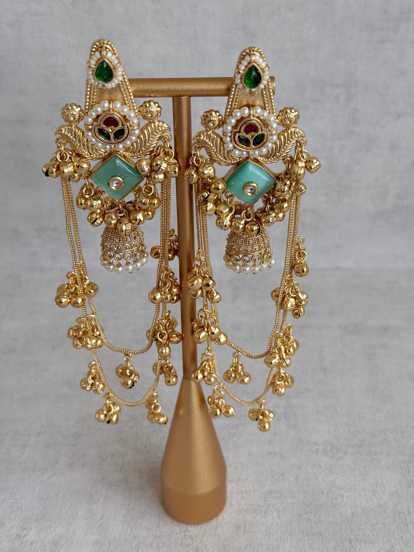 Ayura Designs Simal Earrings – Kashmiri Earrings with Mint Stone, Multicoloured Detailing, Layered Ghungroo Chains & Jhumkis