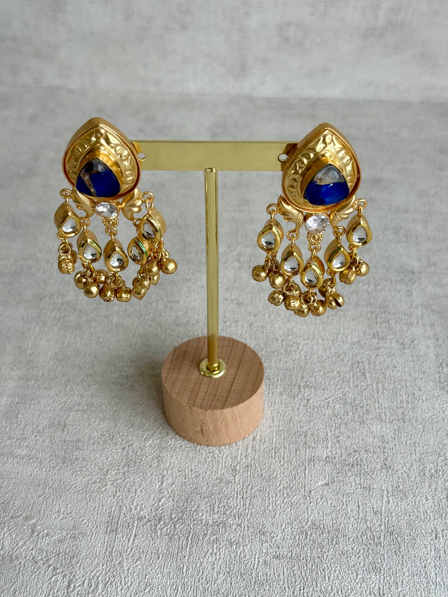 Ayura Designs Arheer Earrings – Sapphire Blue Marble with Kundan Detailing & Antique Gold Ghungroos