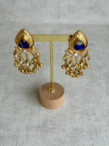 Ayura Designs Arheer Earrings – Sapphire Blue Marble with Kundan Detailing & Antique Gold Ghungroos