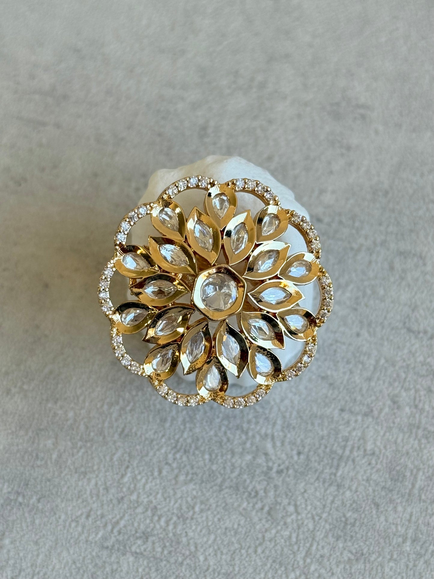 Ayura Designs Elisa Adjustable Ring – Moissanite Floral Ring with Clear Crystal Centre & Crystal Border