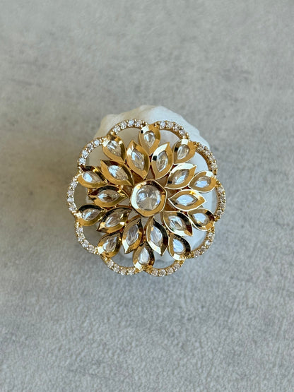 Ayura Designs Elisa Adjustable Ring – Moissanite Floral Ring with Clear Crystal Centre & Crystal Border