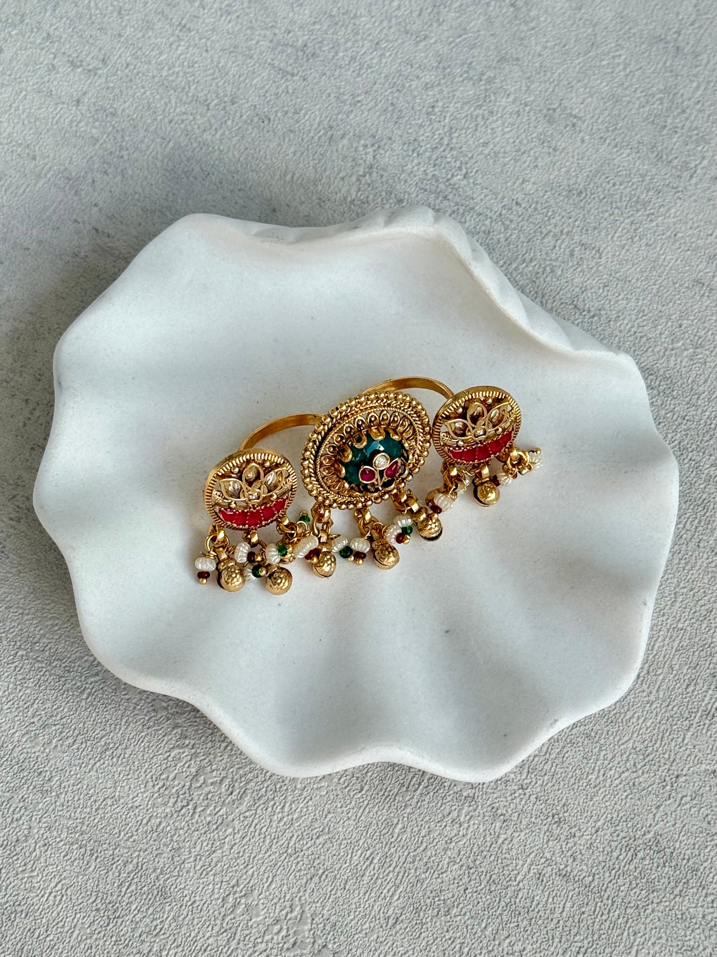 Ayura Designs Raha Adjustable Ring – Antique Gold Lotus Motifs with Emerald Green & Rani Pink Stones, Pearl Drops & Ghungroo Detailing