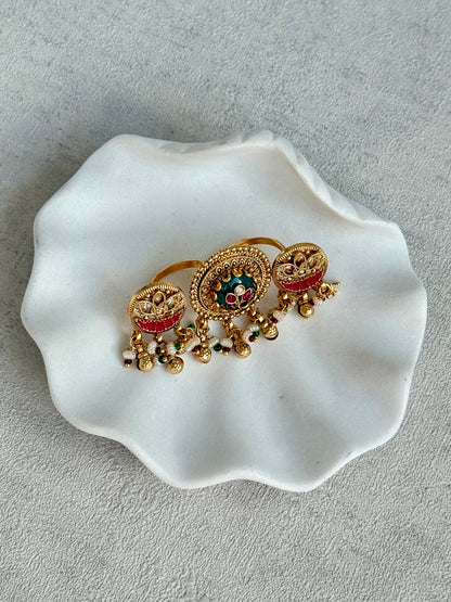 Ayura Designs Raha Adjustable Ring – Antique Gold Lotus Motifs with Emerald Green & Rani Pink Stones, Pearl Drops & Ghungroo Detailing