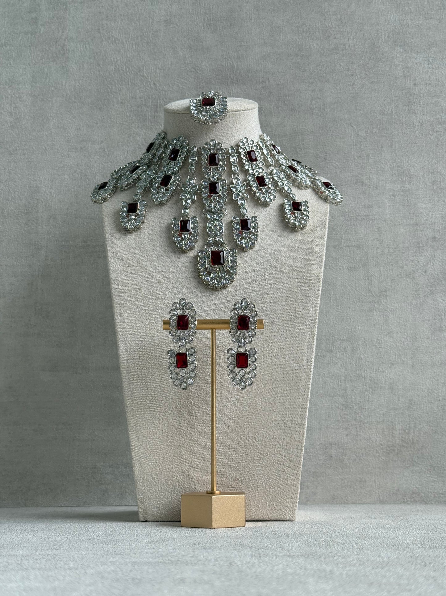 Ayura Designs Zinnia Set – Necklace, Earrings & Tikka with Ruby Red Stones and Mirror-Cut Polki in Silver Finish