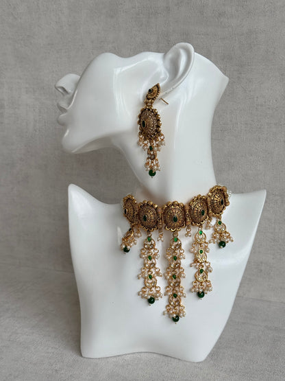 Ayura Designs Kabini Choker Set with Earrings – Gold Kundan Waterfall Choker with Emerald Green Beads & Pearls