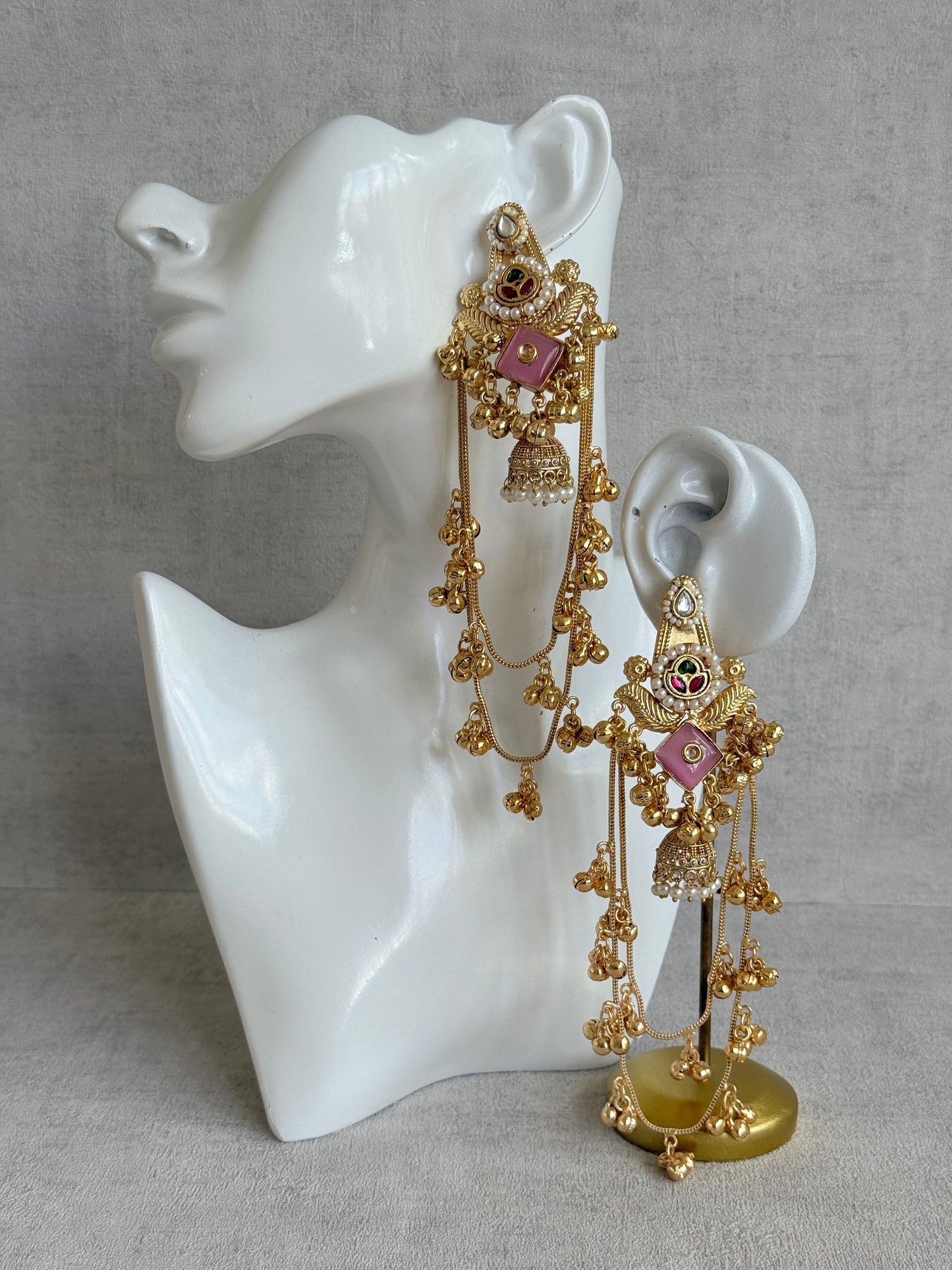 Ayura Designs Simal Earrings – Kashmiri Earrings with Pink Stone, Multicoloured Detailing, Layered Ghungroo Chains & Jhumkis