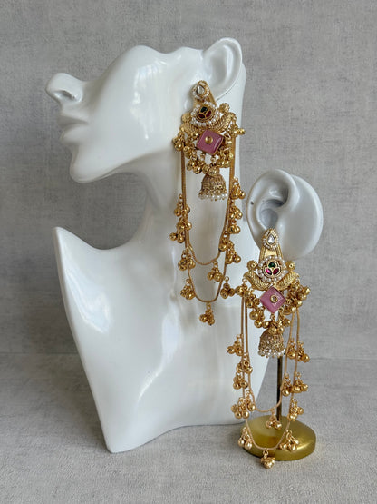 Ayura Designs Simal Earrings – Kashmiri Earrings with Pink Stone, Multicoloured Detailing, Layered Ghungroo Chains & Jhumkis