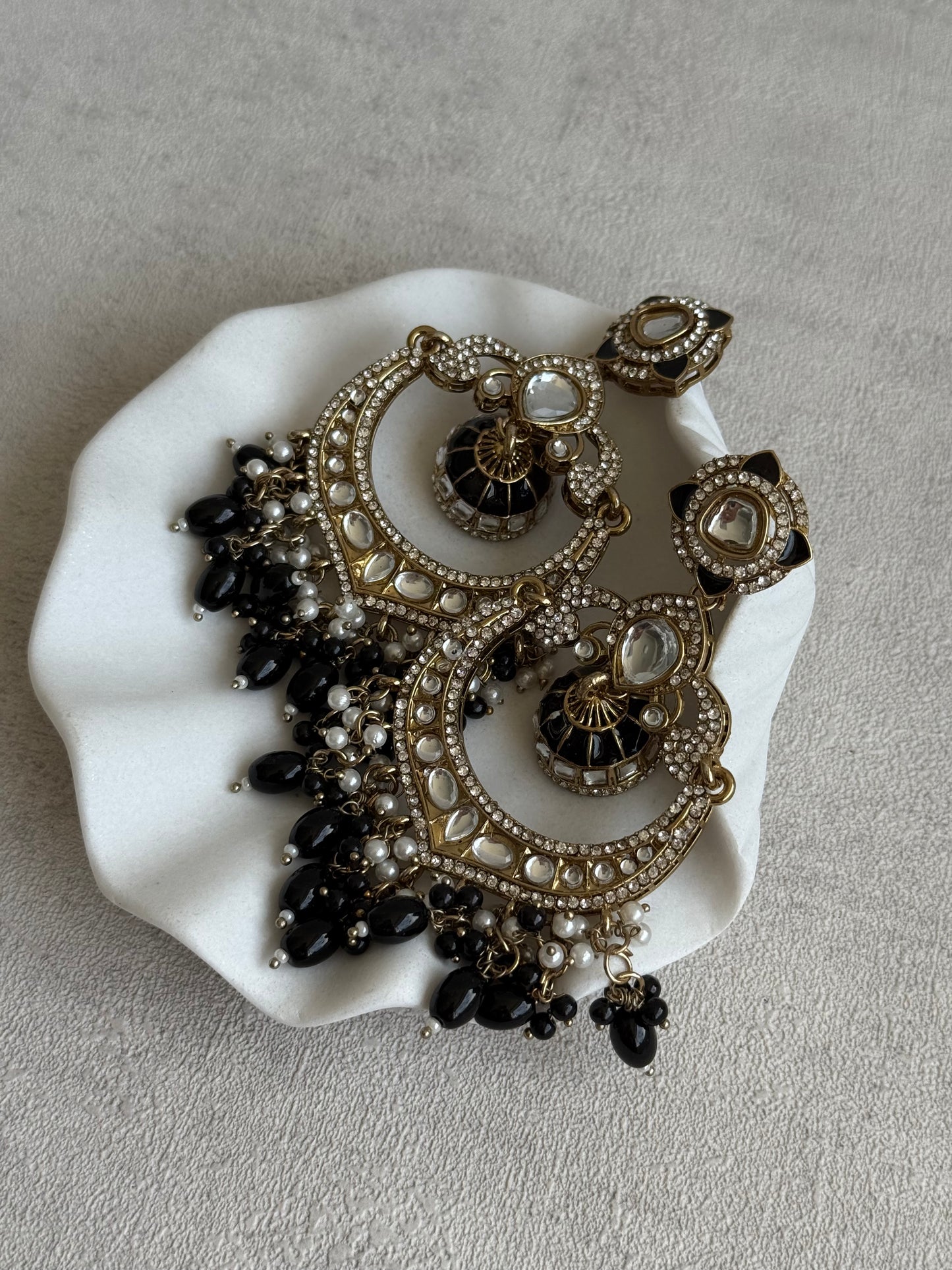 Ayura Designs Reha Earrings – Statement Chandbalis with Black Beads, Pearls & Mirror-Cut Stones