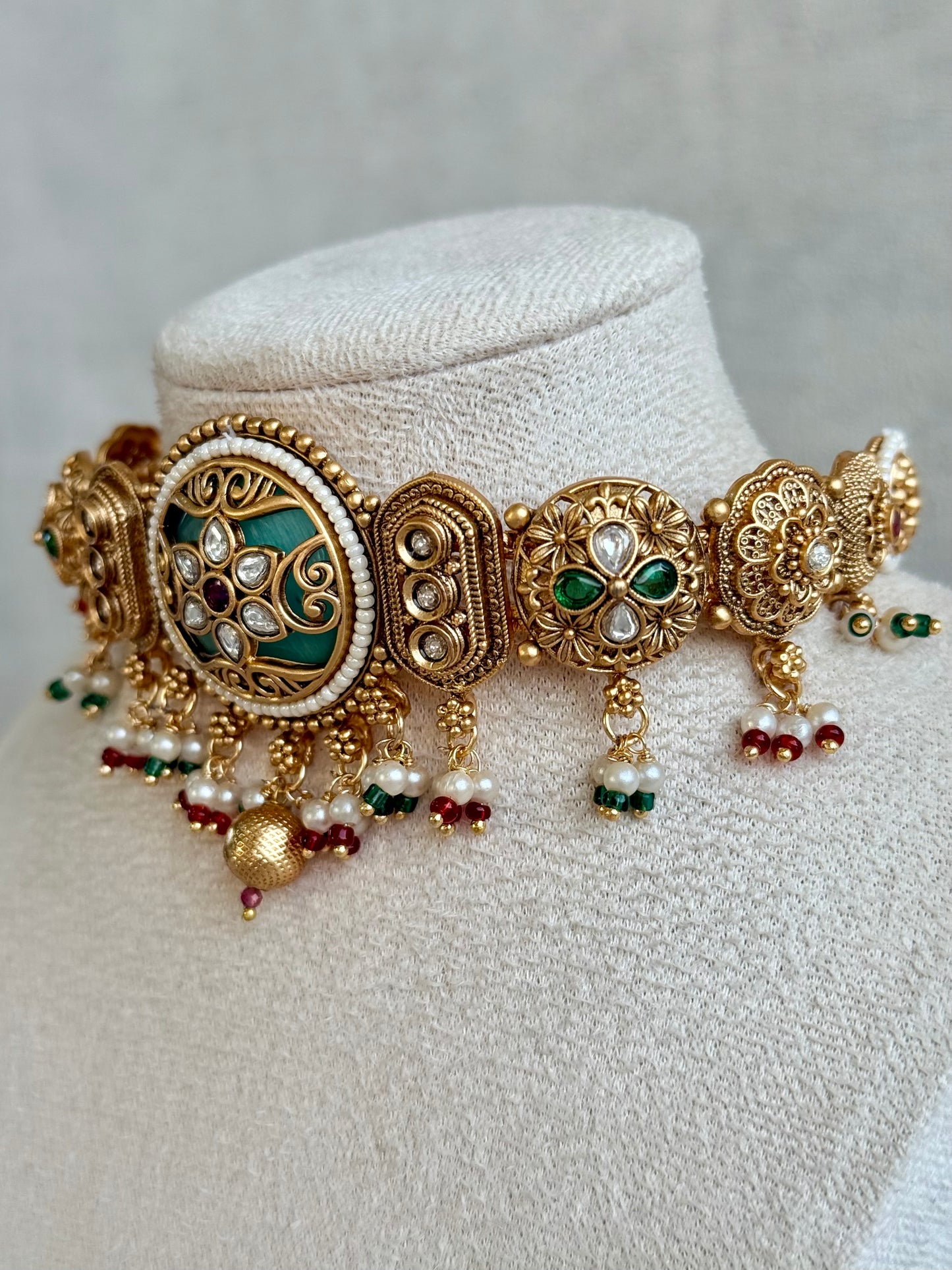 Ayura Designs Haya Choker Set with Stud Earrings – Emerald Enamel with Rani Pink Stones and Pearl Drop Detailing