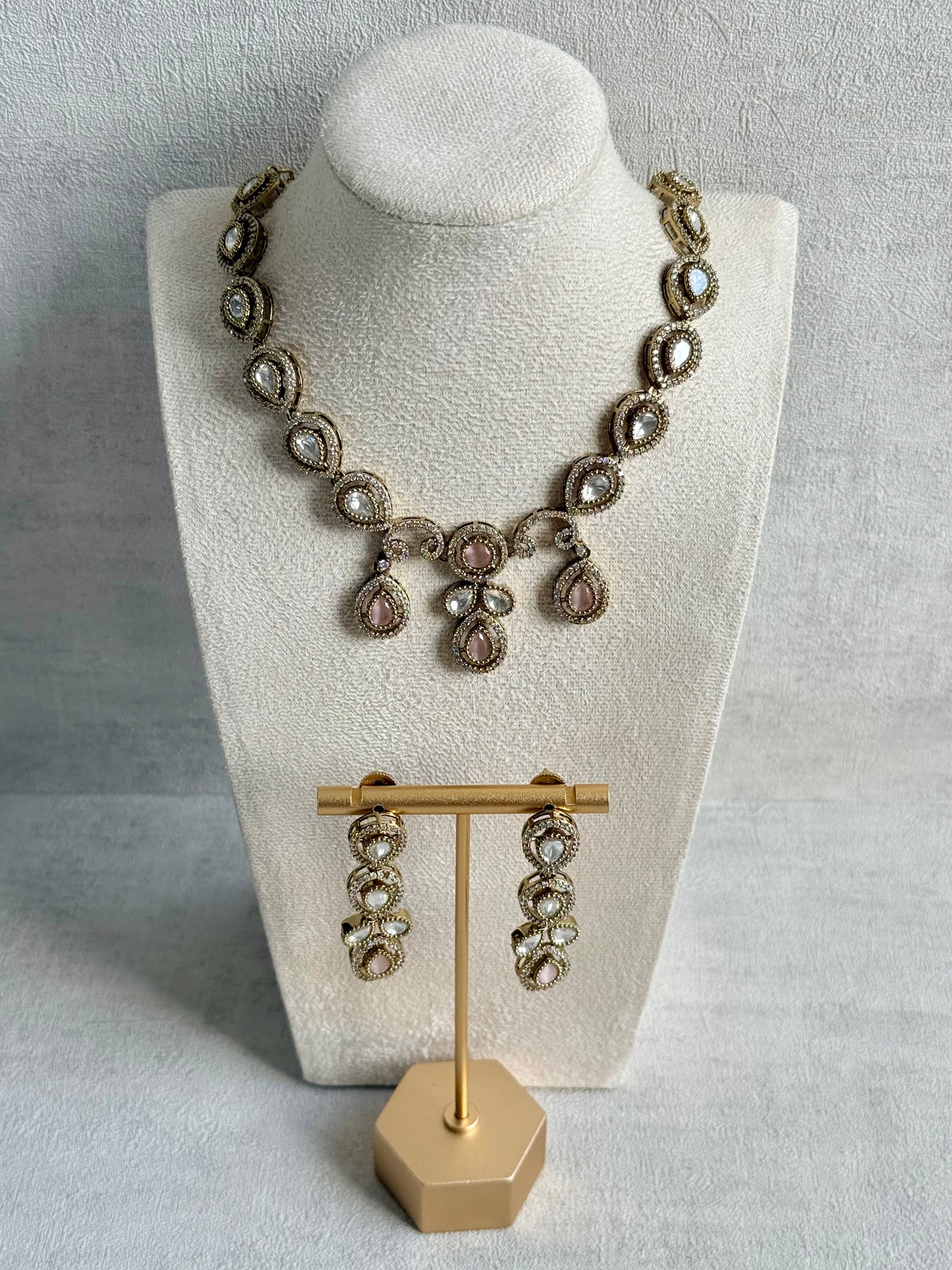 Ayura Designs Bianca Necklace Set with Earrings – Kundan, Blush Pink Stones, Crystals & Gold Finish