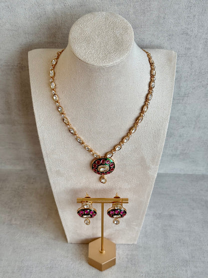 Ayura Designs Jiya Set with Earrings – Oval Motif, Pink & Green Meenakari with Crystal Detailing