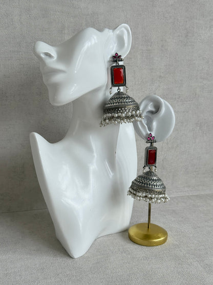 Ayura Designs Zeba Earrings – Oxidised Statement Jhumkis in Ruby Red & Pink Stones with Pearl Detailing