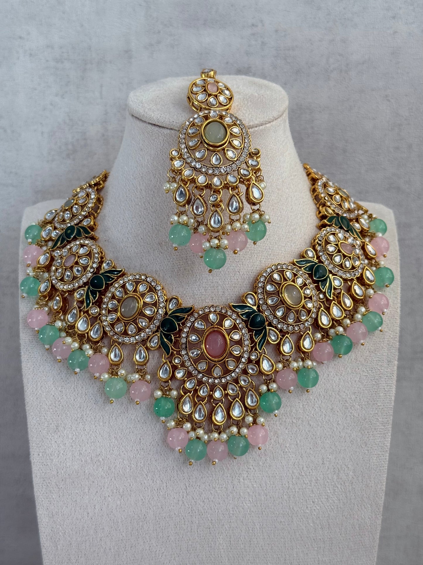 Ayura Designs Zara Set with Necklace, Earrings, Tikka & Passa – Antique Gold with Kundan Detailing & Mint Green & Blush Pink Beads