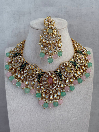 Ayura Designs Zara Set with Necklace, Earrings, Tikka & Passa – Antique Gold with Kundan Detailing & Mint Green & Blush Pink Beads