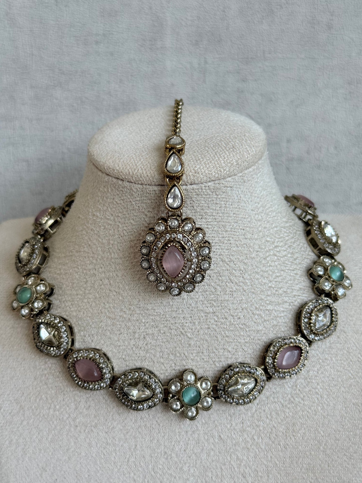 Ayura Designs Ivy Necklace Set with Studs & Tikka – Blush Pink & Mint Green Kundan Detailing