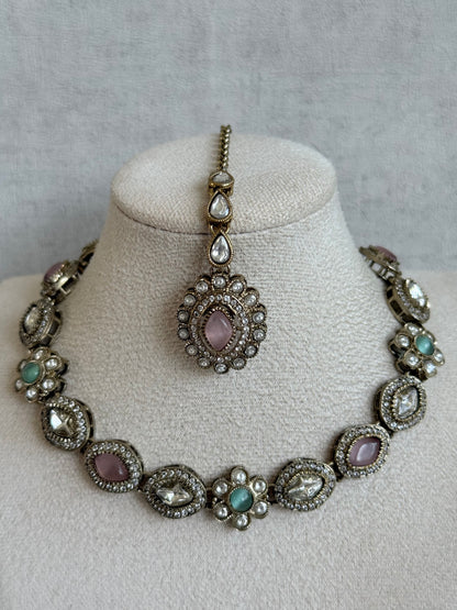 Ayura Designs Ivy Necklace Set with Studs & Tikka – Blush Pink & Mint Green Kundan Detailing