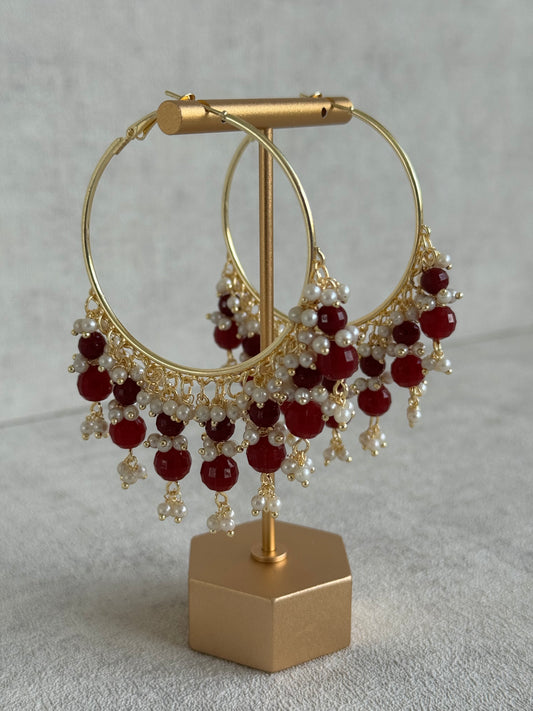 Ayura Designs Bijli Balis – Red Beads, Pearl Clusters, Gold-Tone Hoop Earrings