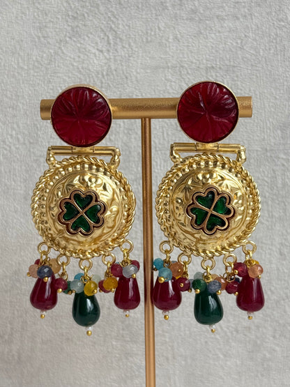 Ayura Designs Faizaan Choker Set with Earrings – Multicolour Stone Drops, Carved Ruby Details & Antique Gold Finish