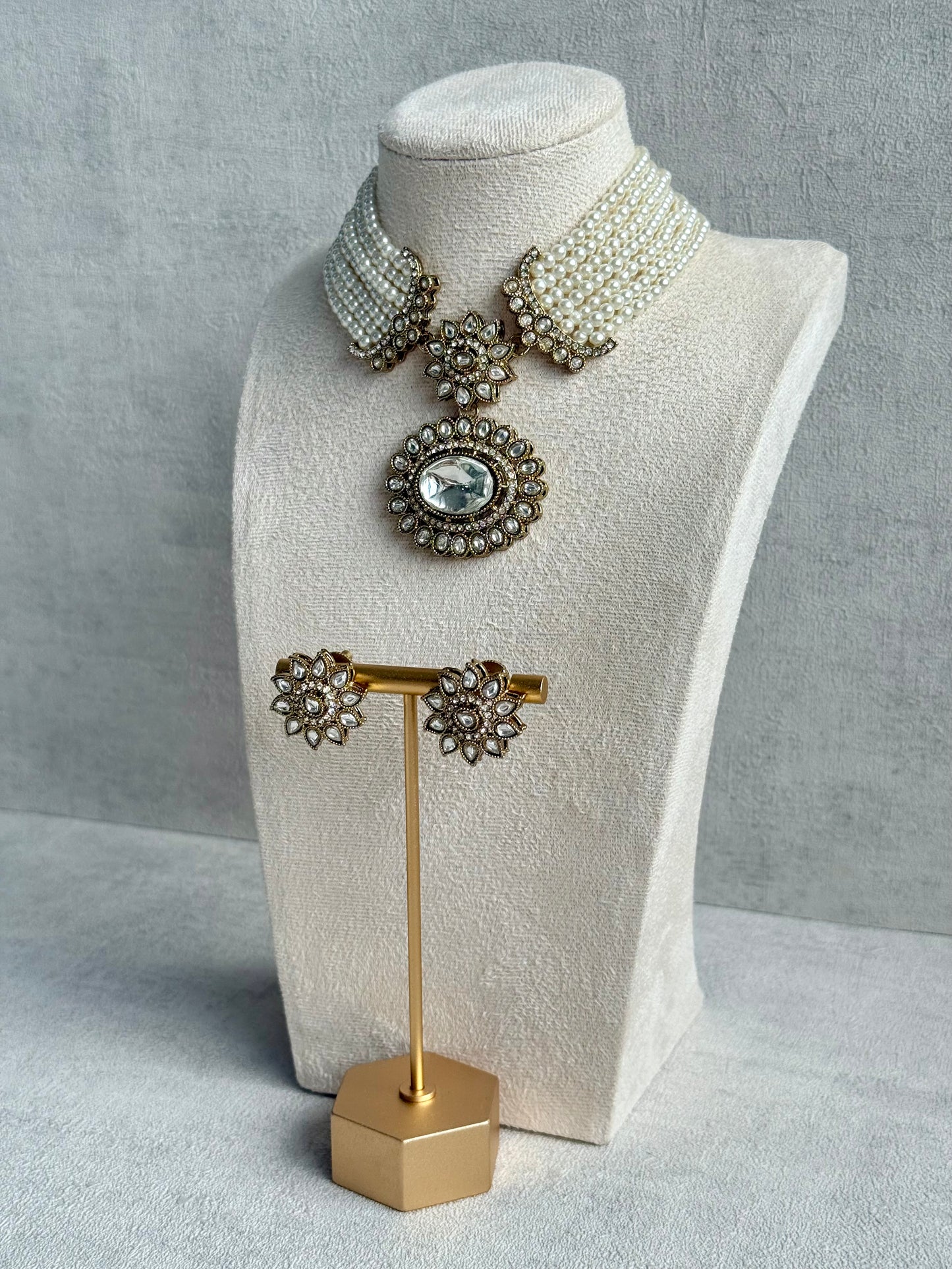 Ayura Designs Amaya Necklace Set with Studs – Antique Finish in Crystal Stones with Pearl Strands