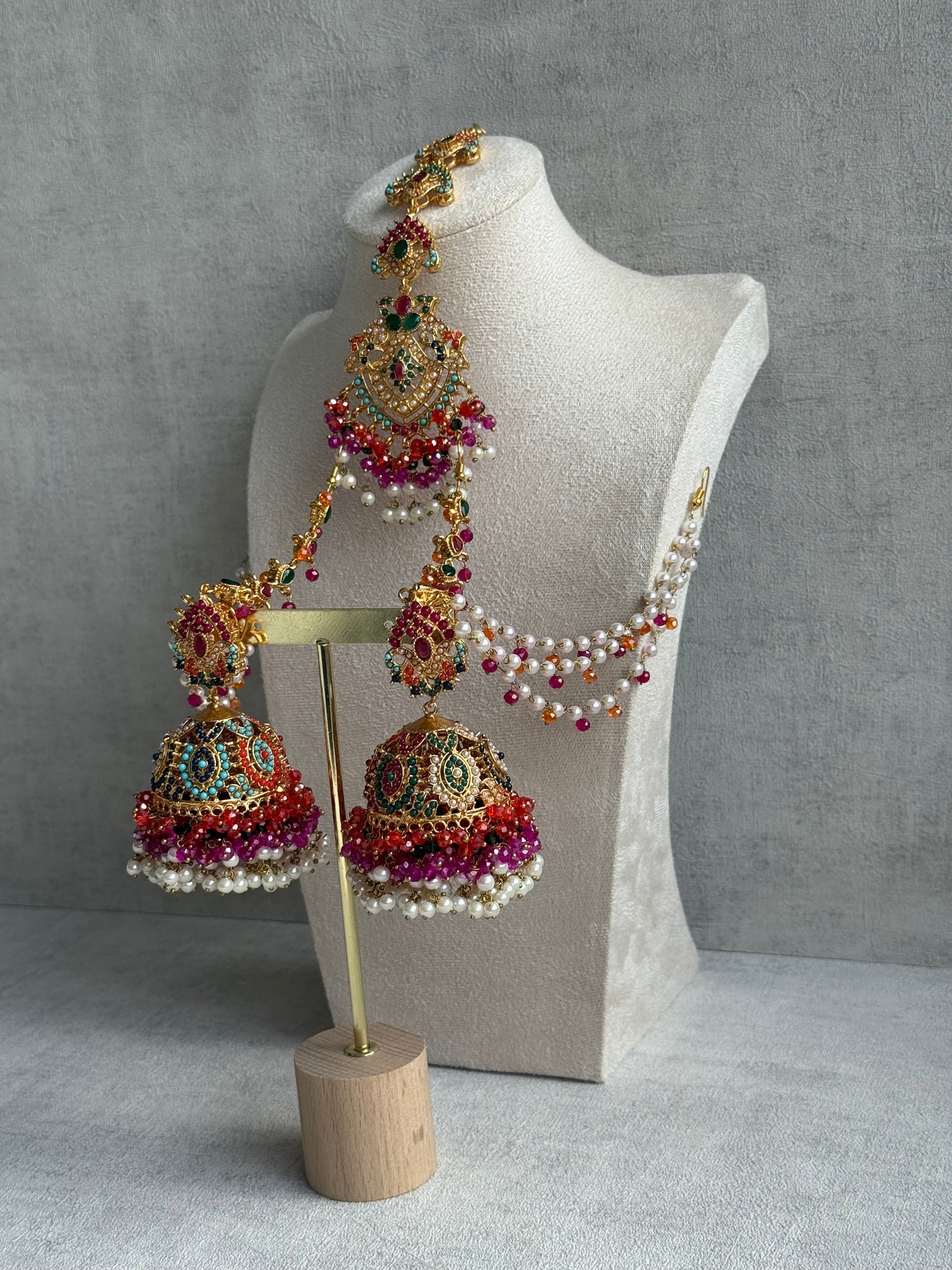 Ayura Designs Safia Tikka Set with Sahare Earrings – Multicolour (Orange, Pink & Ivory Beads)