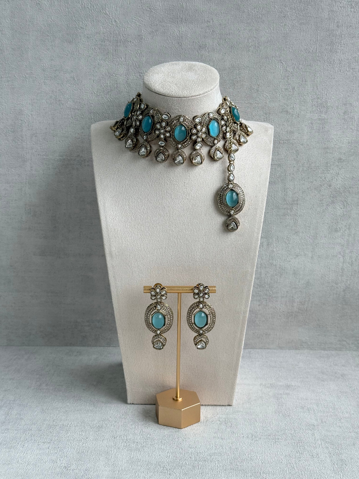 Ayura Designs Emanya Choker Set – Choker, Earrings & Tikka with Mirror-Cut Stones, Turquoise Blue & Antique Gold Detailing