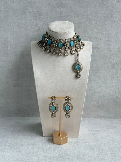 Ayura Designs Emanya Choker Set – Choker, Earrings & Tikka with Mirror-Cut Stones, Turquoise Blue & Antique Gold Detailing