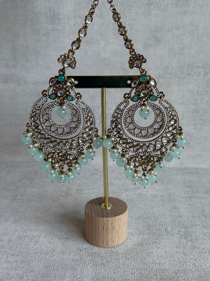 Ayura Designs Rabia Chandbalis – Antique Gold Kundan Earrings with Aqua Beads, Pearls & Attached Sahare