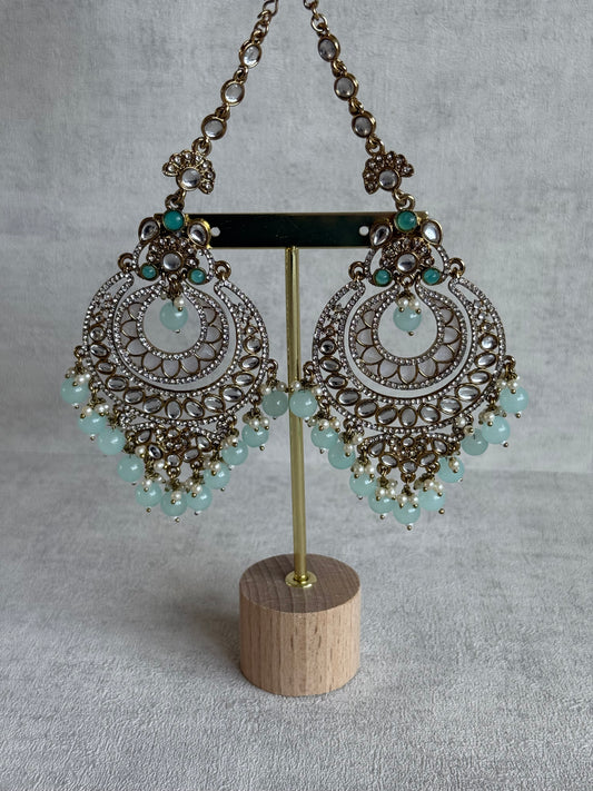 Ayura Designs Rabia Chandbalis – Antique Gold Kundan Earrings with Aqua Beads, Pearls & Attached Sahare