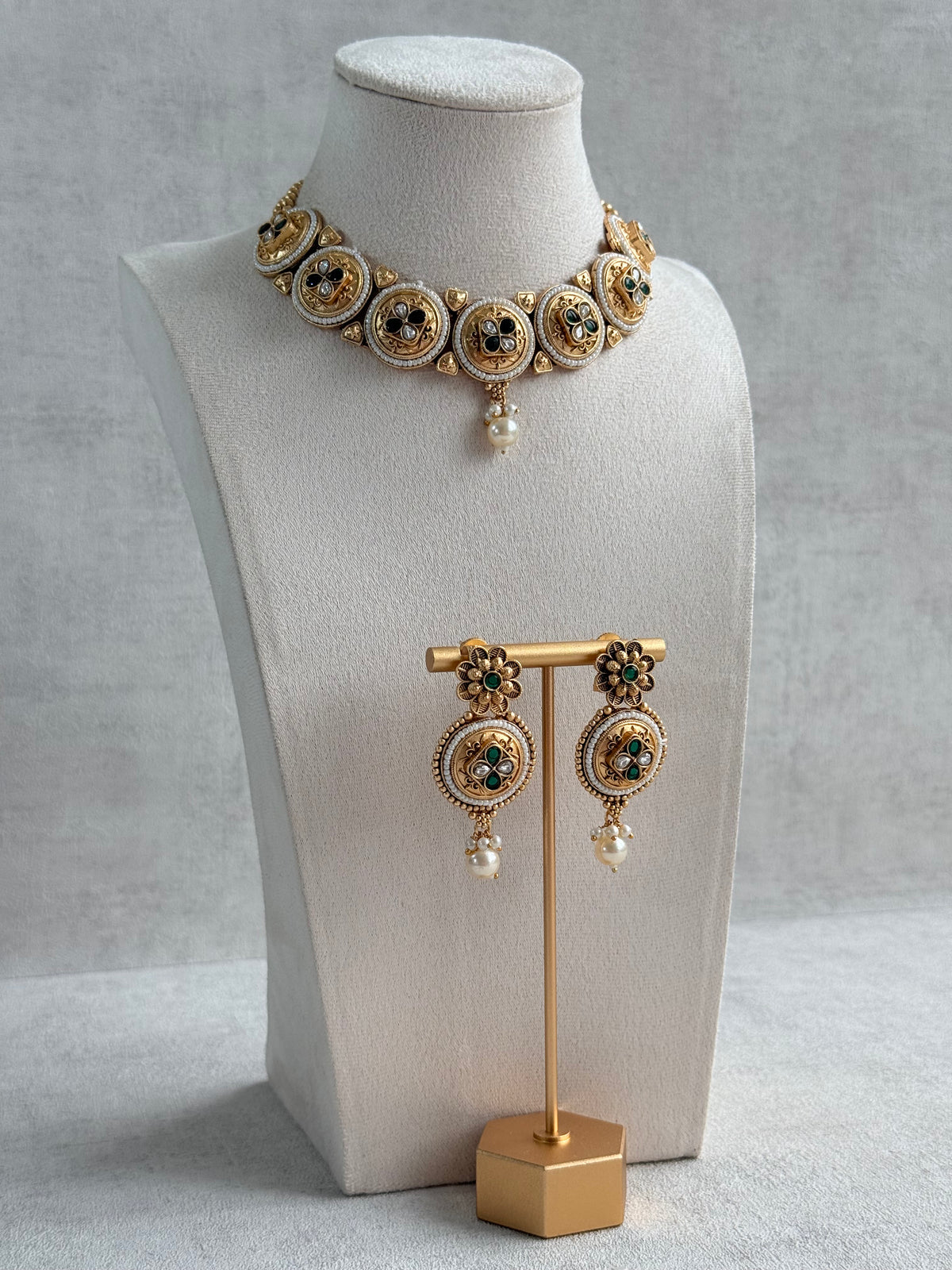 Ayura Designs Kaya Necklace Set with Earrings – Emerald Green Kundan Stones, Pearls & Antique Gold Finish