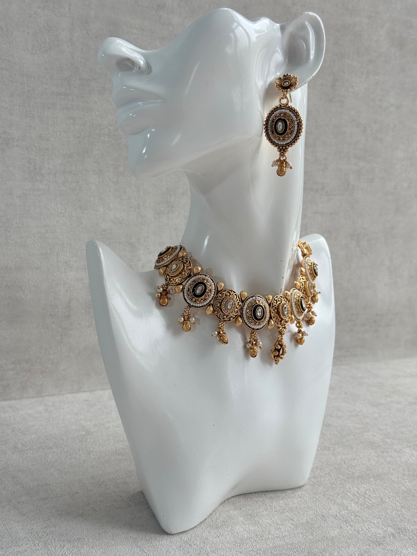 Ayura Designs Livia Necklace Set with Earrings – Green Enamel, Kundan & Pearl Detailing in Antique Gold Finish
