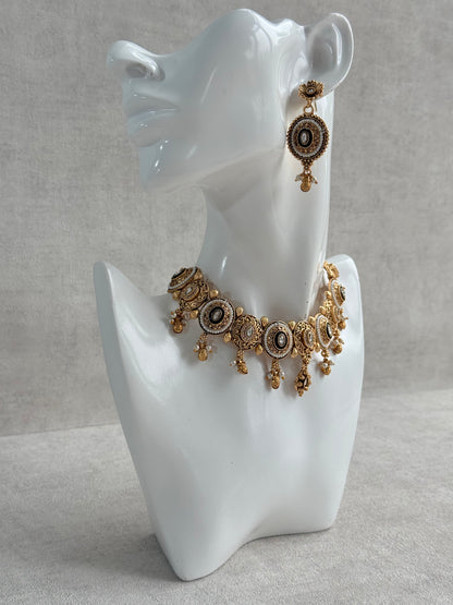 Ayura Designs Livia Necklace Set with Earrings – Green Enamel, Kundan & Pearl Detailing in Antique Gold Finish