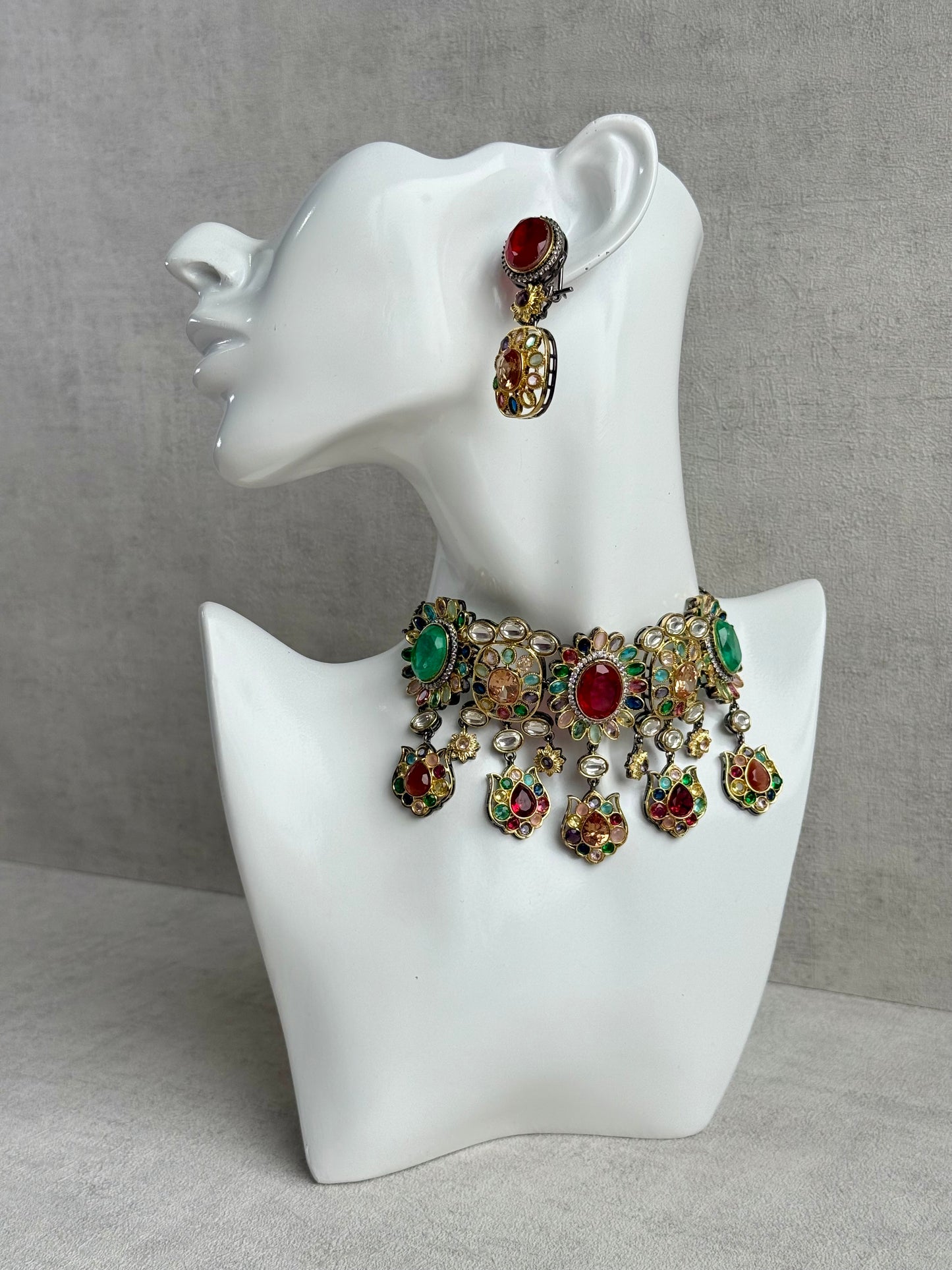 Ayura Designs Verity Choker Set with Earrings – Multicolour Stones, Crystal Accents & Antique Silver Finish