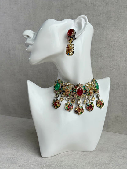 Ayura Designs Verity Choker Set with Earrings – Multicolour Stones, Crystal Accents & Antique Silver Finish