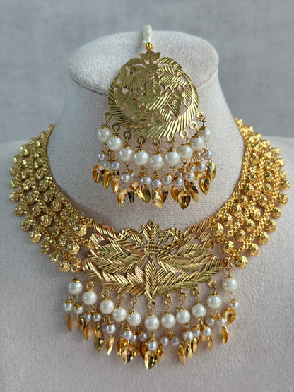 Ayura Designs Jasira Necklace Set with Earrings & Tikka – Pippal Patti Design with Swan & Peacock Motifs, Ivory Pearls & Gold Finish
