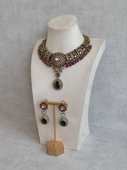 Ayura Designs Ahana Necklace Set with Earrings – Emerald Green Teardrop Stones, Ruby Pink Accents & Moissanite Detailing