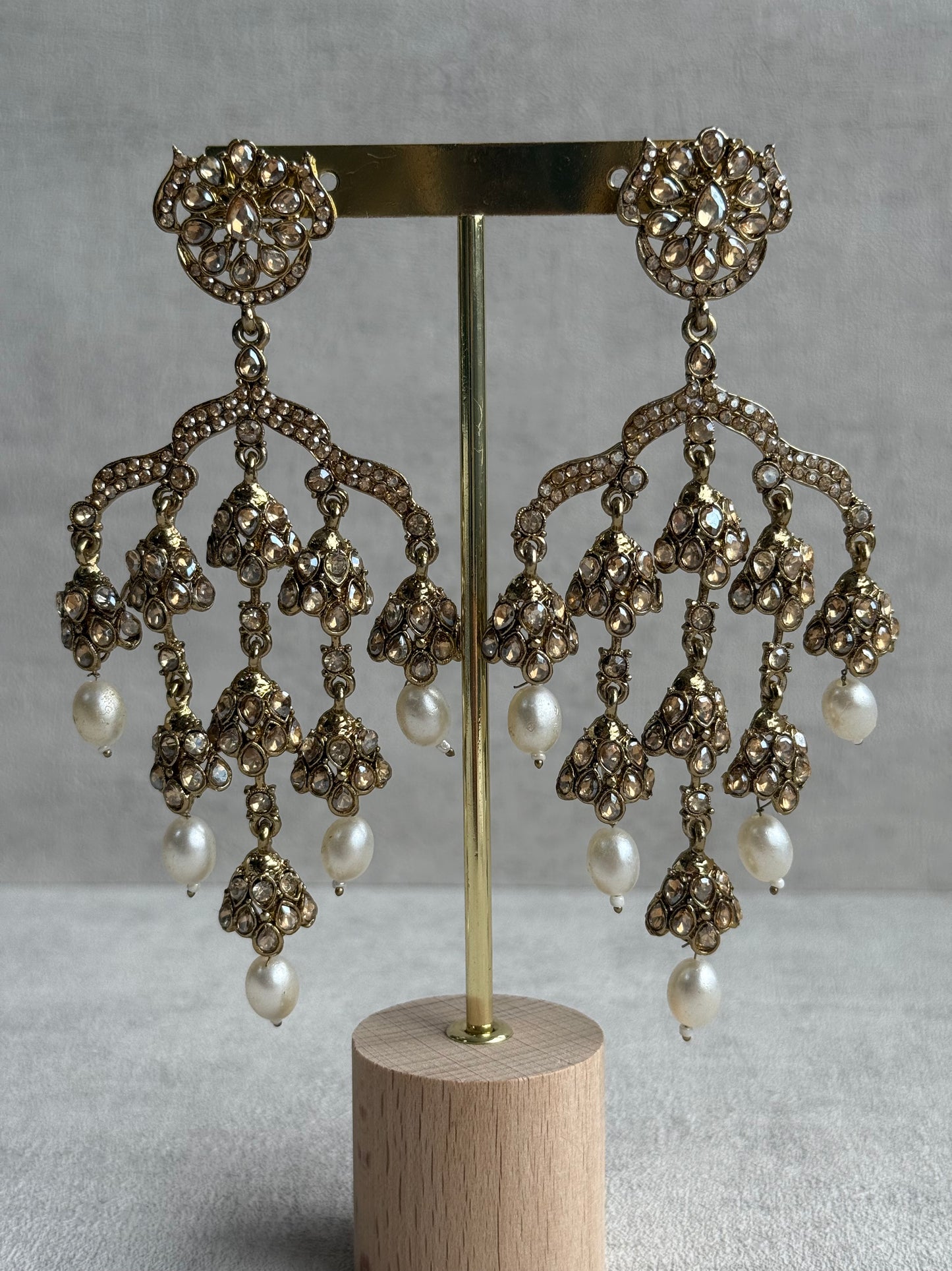 Ayura Designs Jasmine Earrings – Chandelier Earrings with Ivory Pearl Drops & Antique Gold Detailing