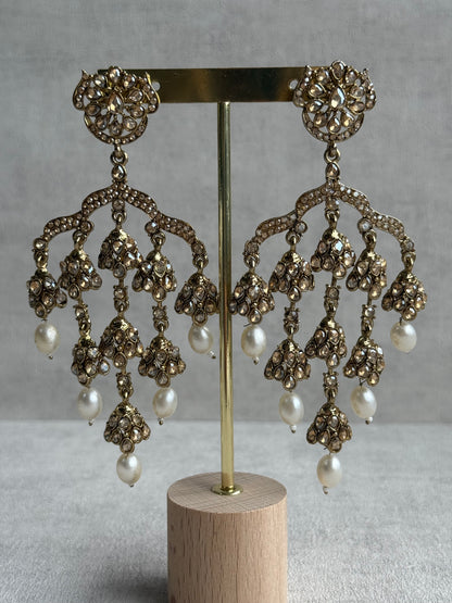 Ayura Designs Jasmine Earrings – Chandelier Earrings with Ivory Pearl Drops & Antique Gold Detailing