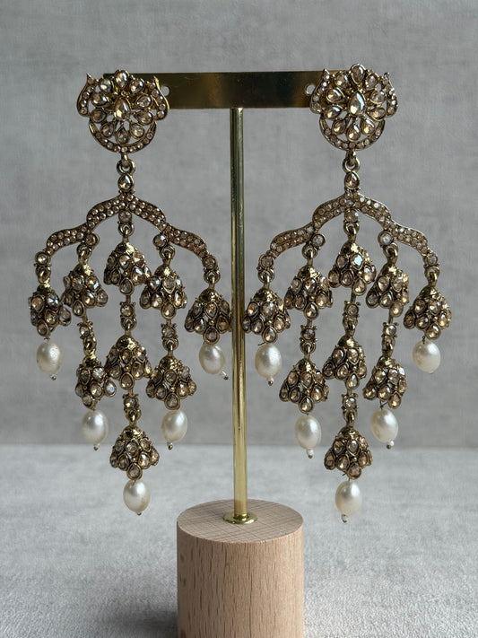 Ayura Designs Jasmine Earrings – Chandelier Earrings with Ivory Pearl Drops & Antique Gold Detailing