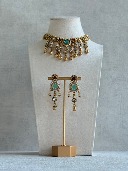 Ayura Designs Abira Necklace Set with Earrings – Kundan, Multicolour Stones, Pearl Detailing & Gold Finish
