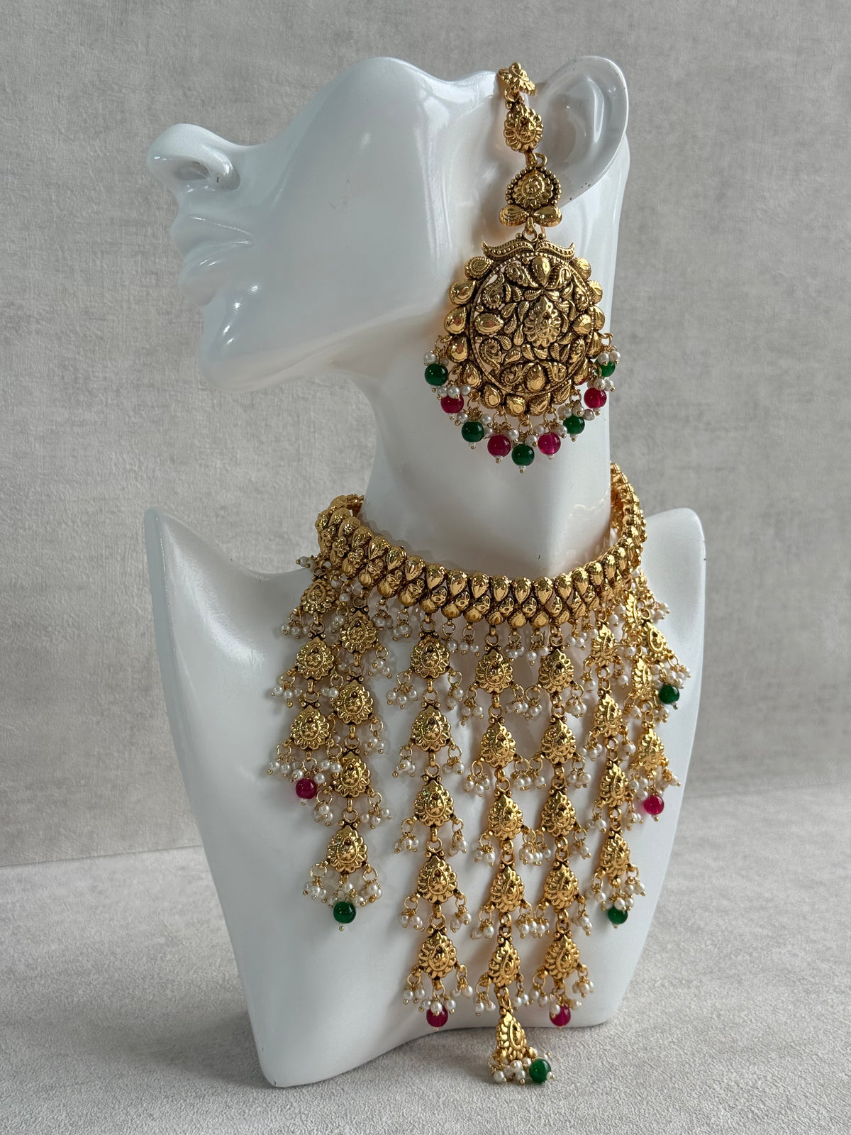 Ayura Designs Karima Choker Set with Sahare Earrings & Tikka – Waterfall Design, Rani Pink & Green Beads, Pearls & Antique Gold Finish