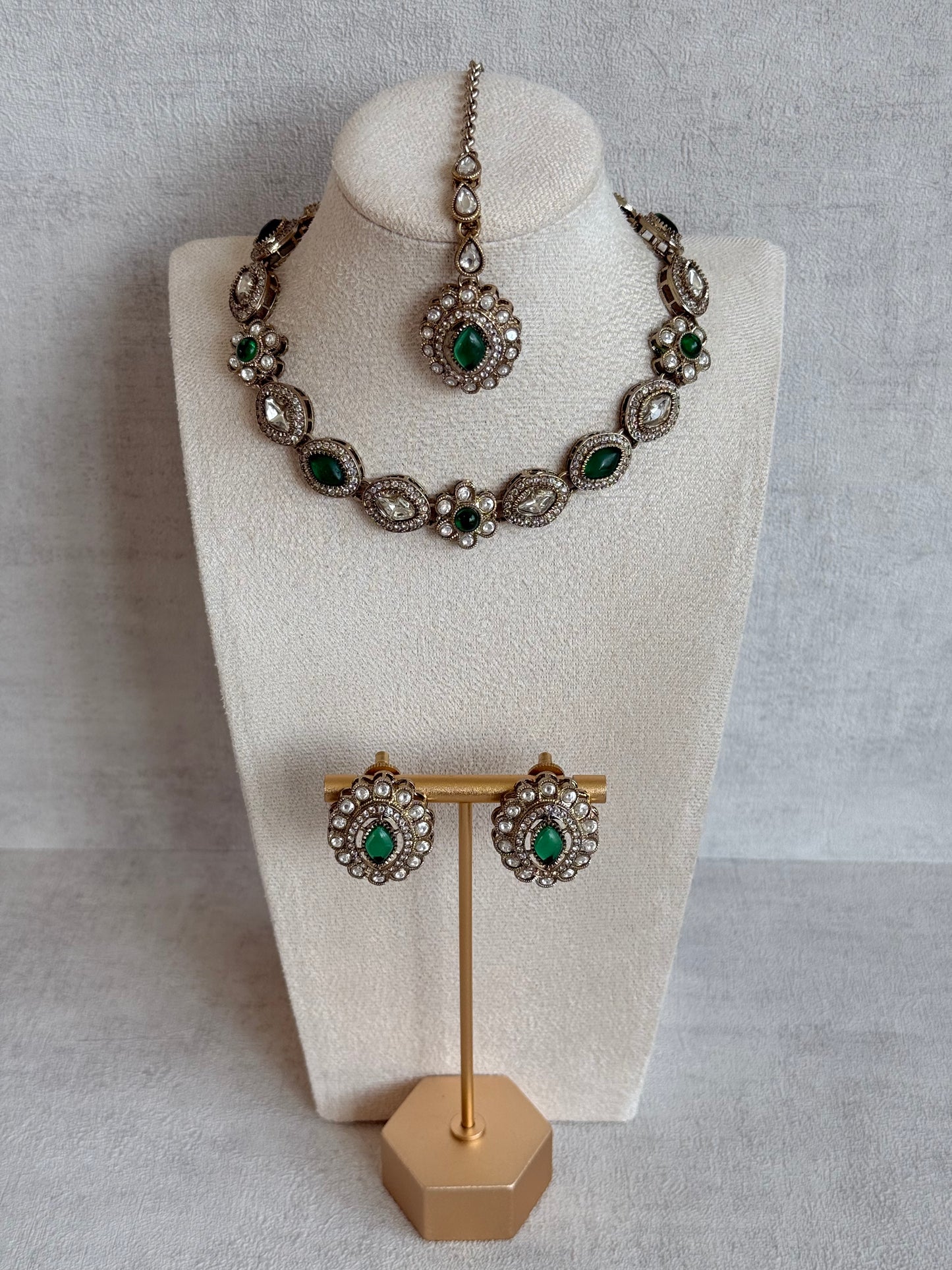 Ayura Designs Ivy Necklace Set with Studs & Tikka – Emerald Green Kundan Detailing