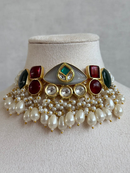 Ayura Designs Vahida Choker Set with Earrings – Multicolour Stone Choker with Pearl Drops & Kundan Detailing