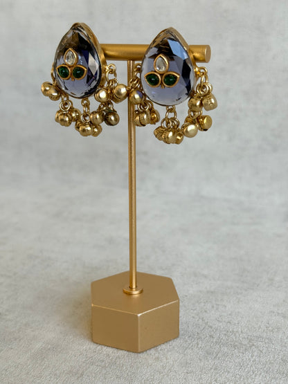Ayura Designs Aykai Earrings – Smoky Blue Teardrop Stud Earrings with Green Kundan Stones & Gold Ghungroo Drops